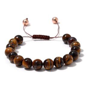 Yellow Tiger's Eye Beaded Adjustable Bracelet in 14K RG Over Copper